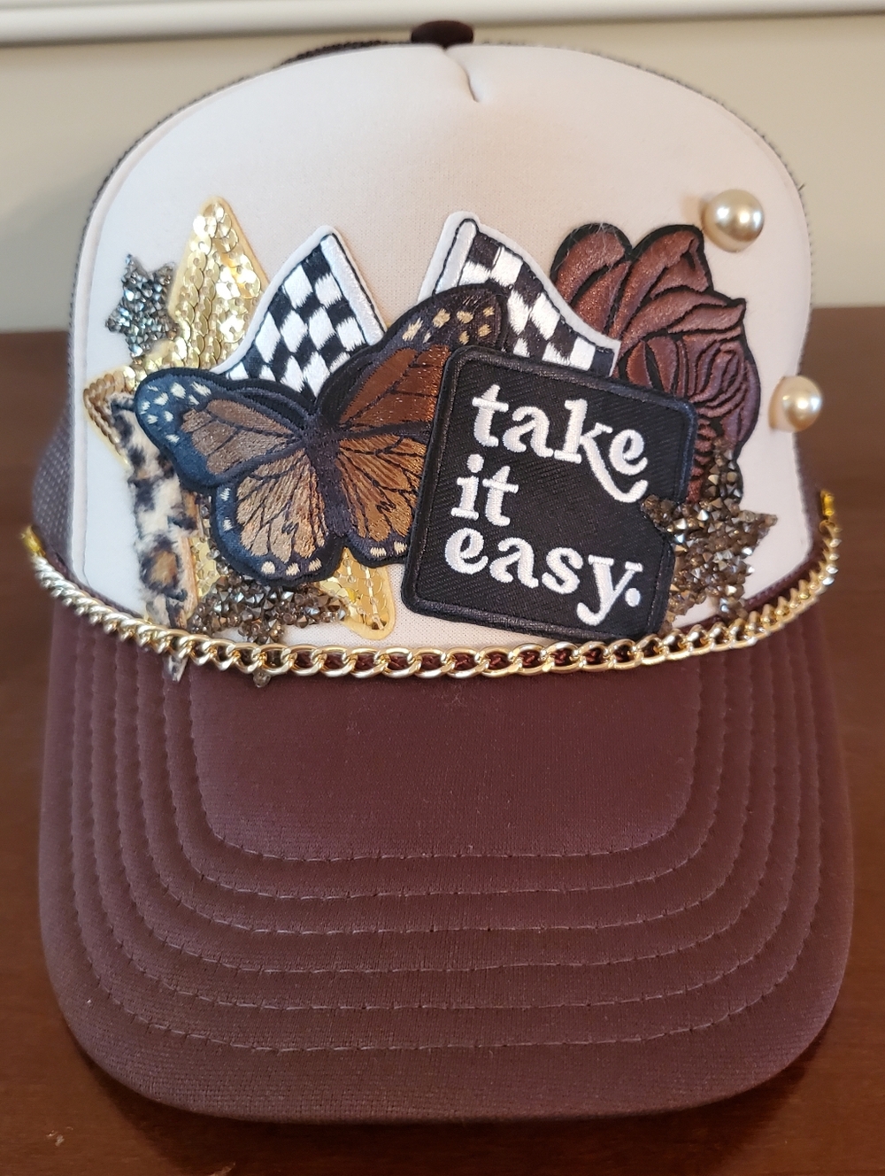 OTTO - Custom "Take It Easy" Trucker Hat | Brown & Cream Aesthetic Boho Mesh Cap